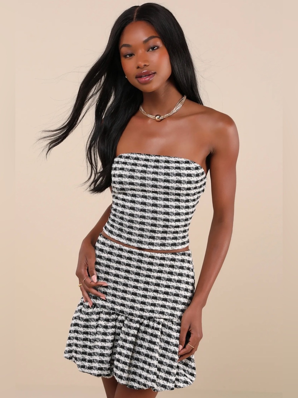 NWT Lulu's Black & White Gingham Tweed Crop Top & Skirt Set - Small